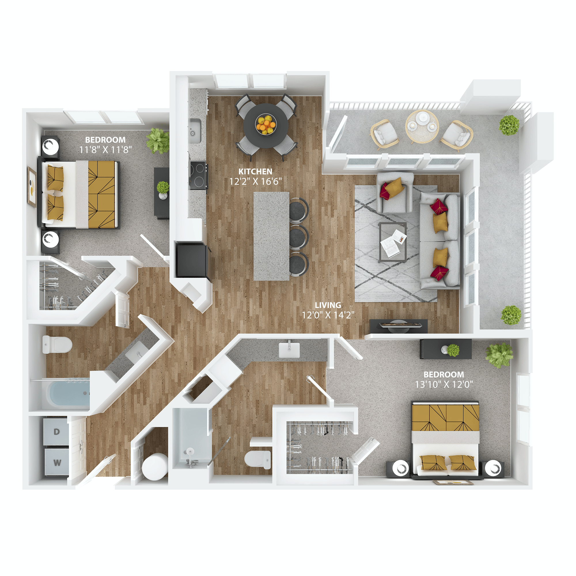 Floor plan for 2 beds, 2 baths, 1204 sqft