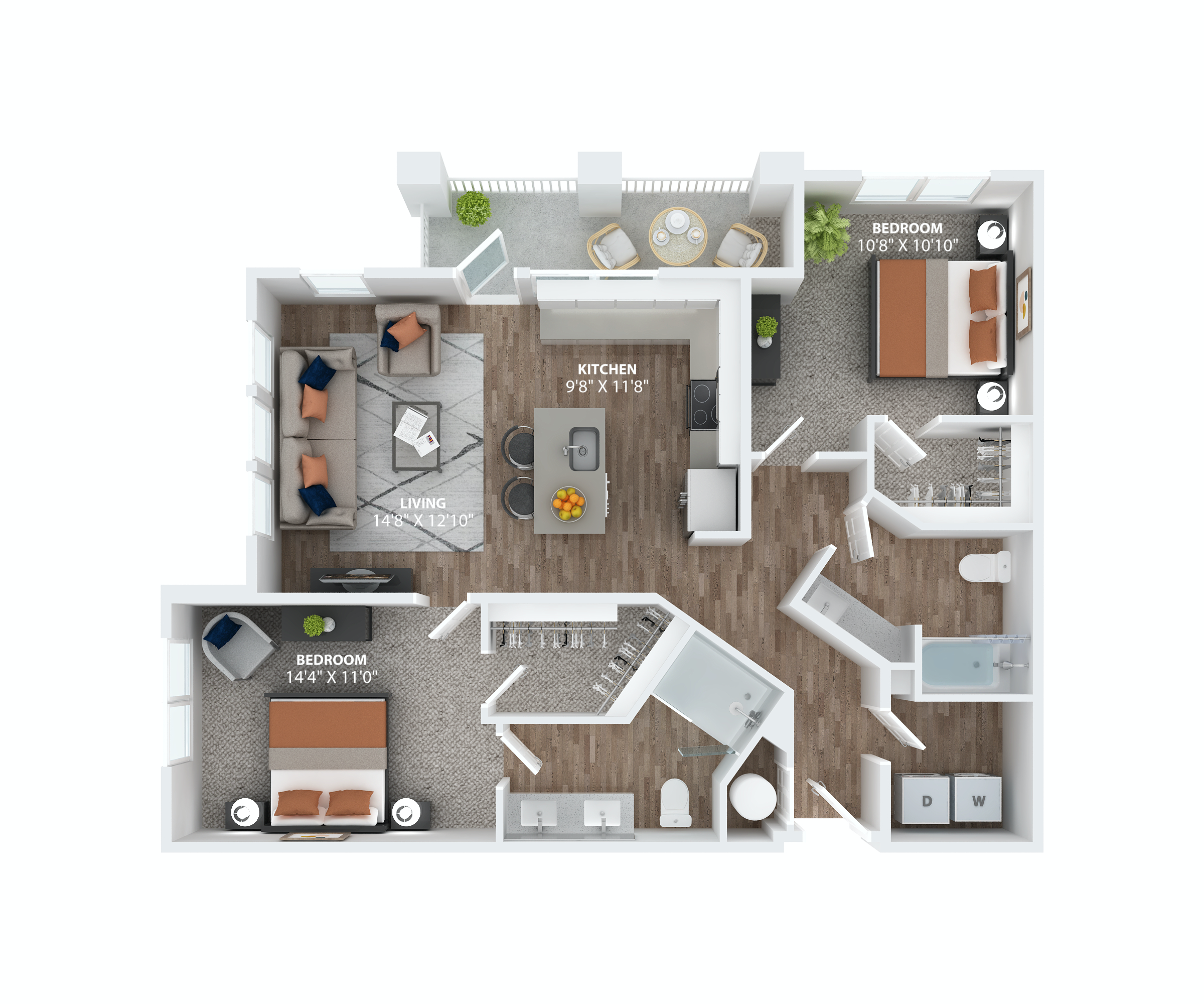 Floor plan for 2 beds, 2 baths, 1118 sqft