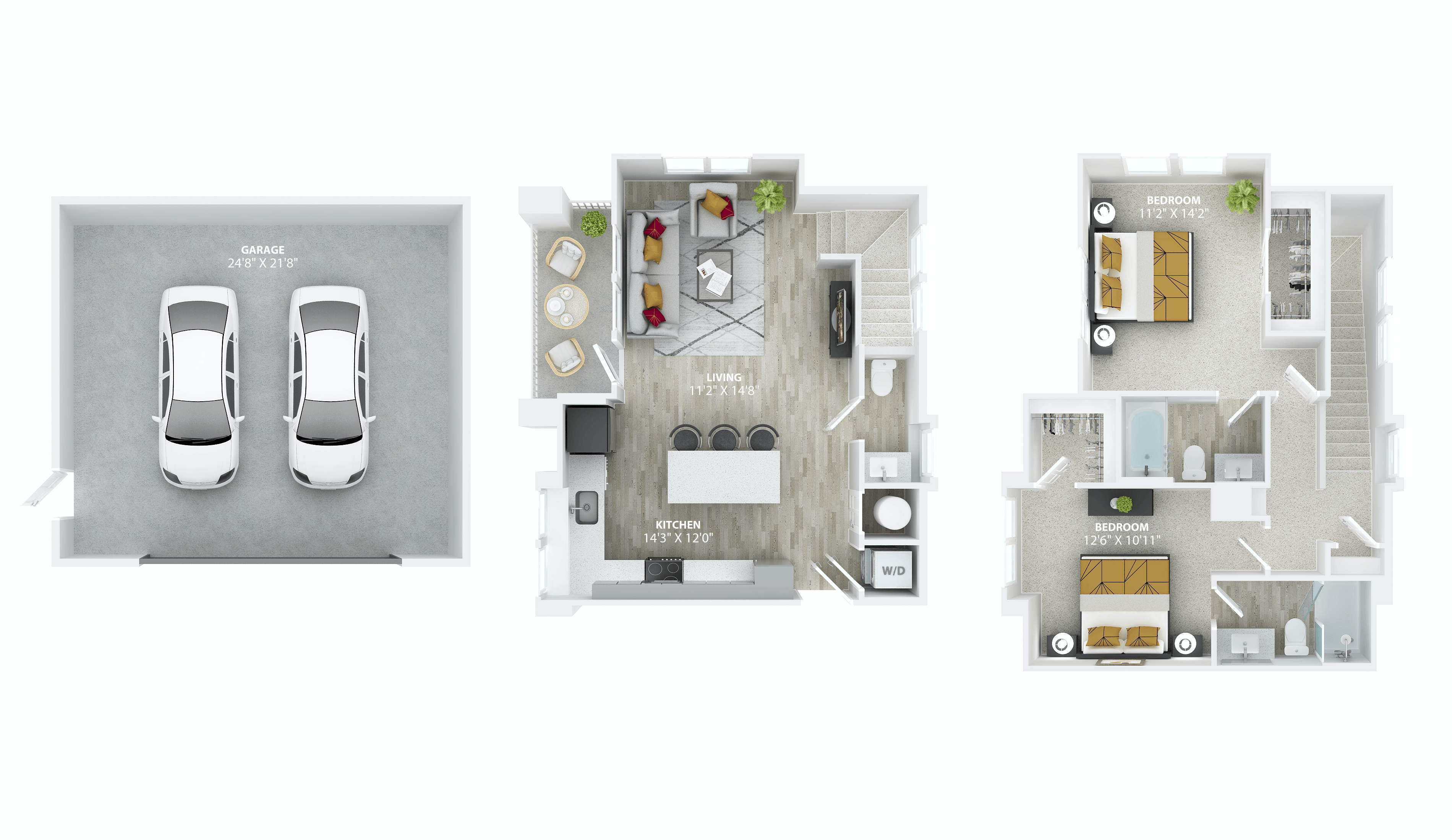 Floor plan for 2 beds, 2.5 baths, 1170 sqft