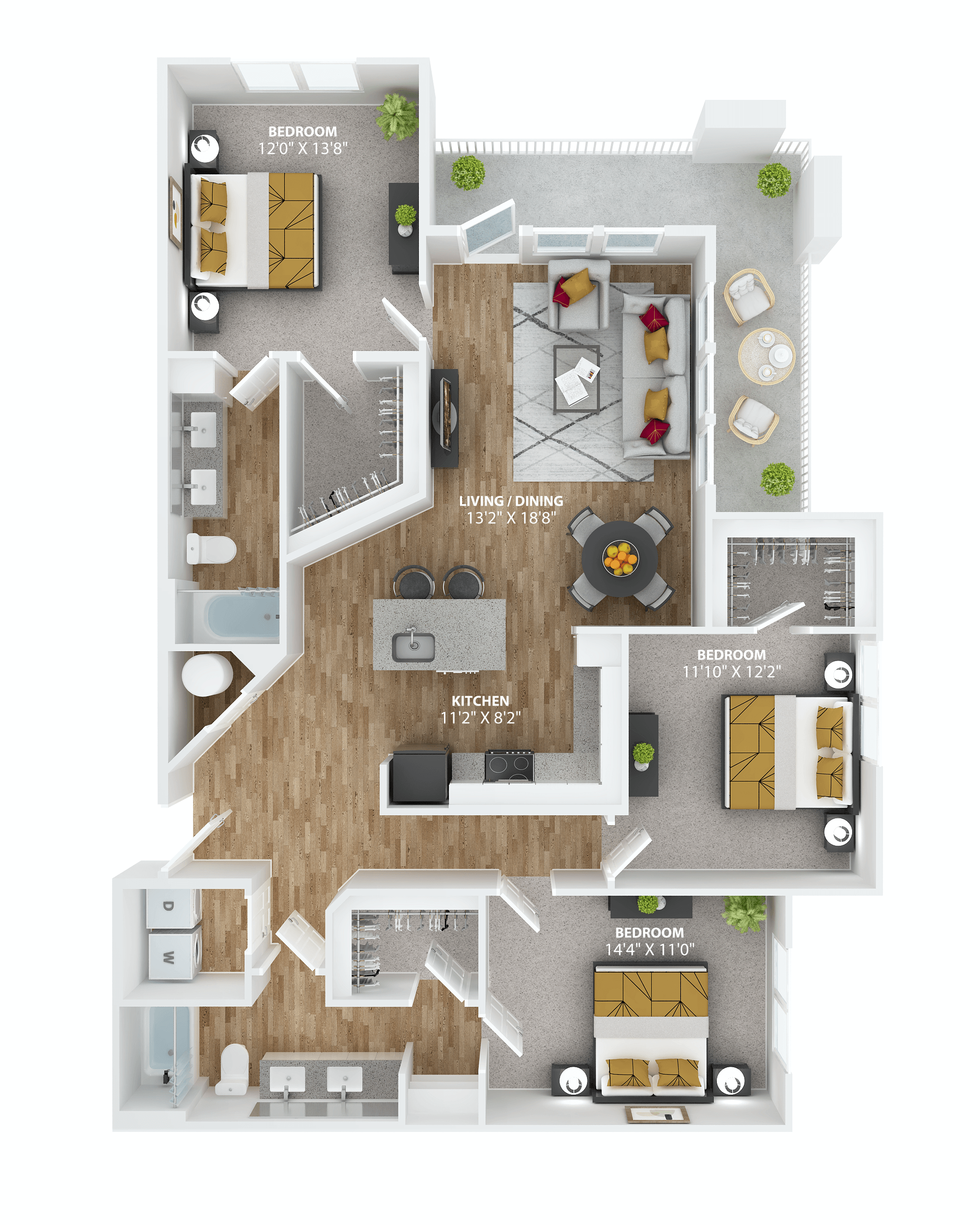 Floor plan for 3 beds, 2 baths, 1484 sqft