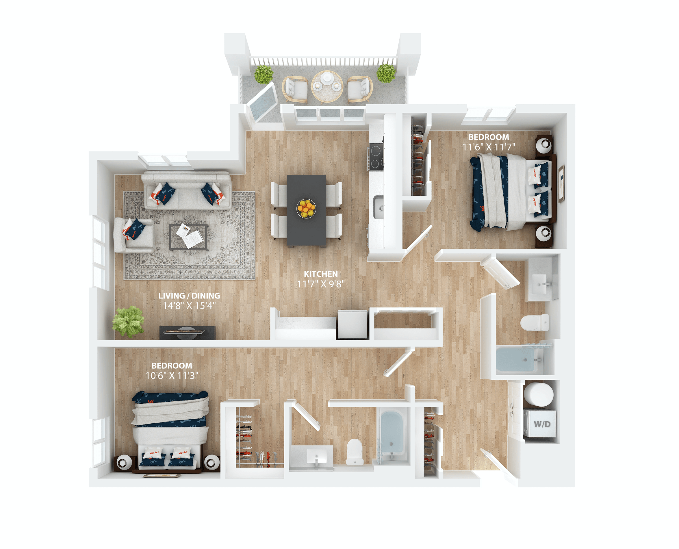 Floor plan for 2 beds, 2 baths, 1150 sqft