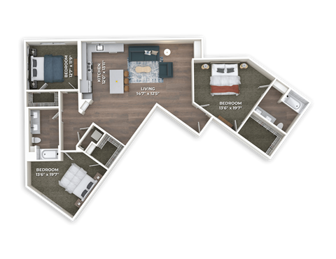 Floor plan for 3 beds, 2 baths, 1592 sqft