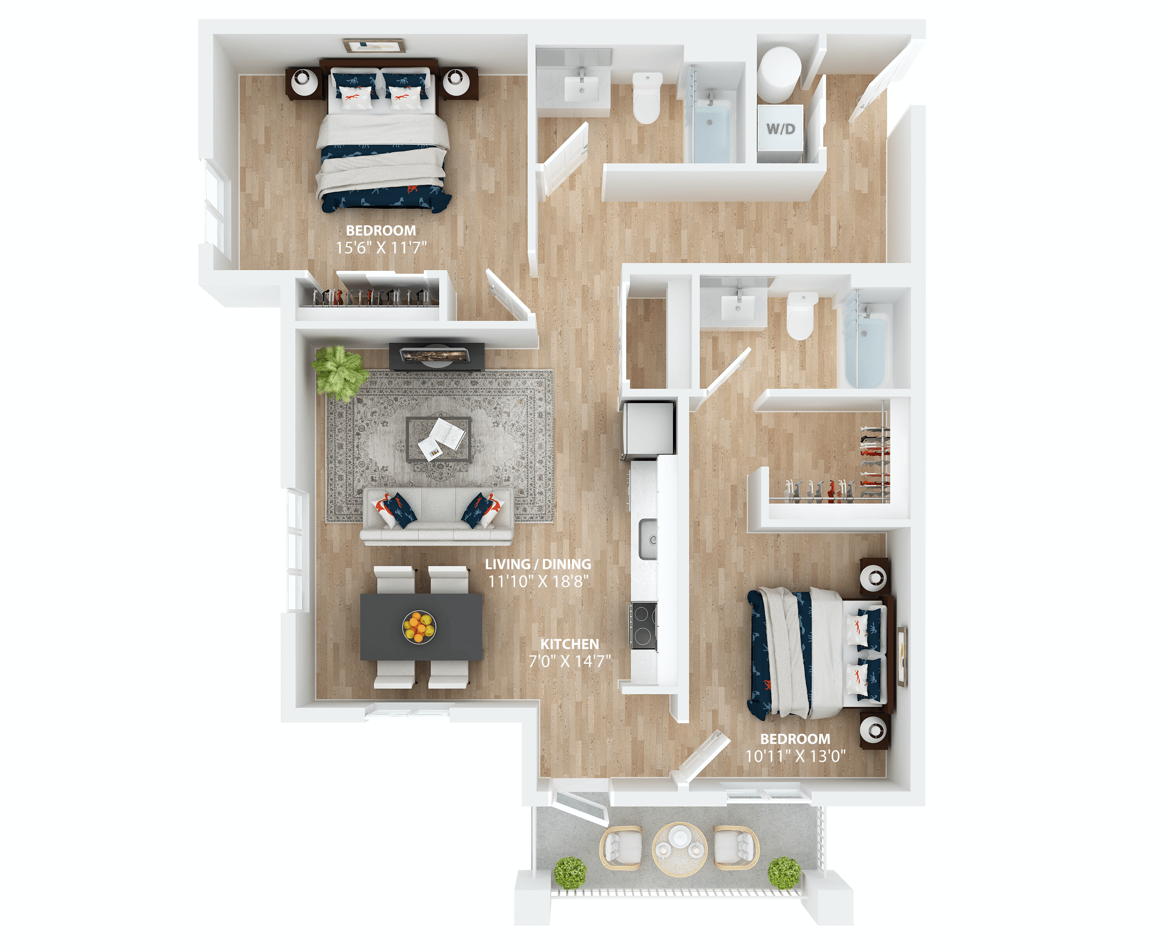 Floor plan for 2 beds, 2 baths, 1065 sqft