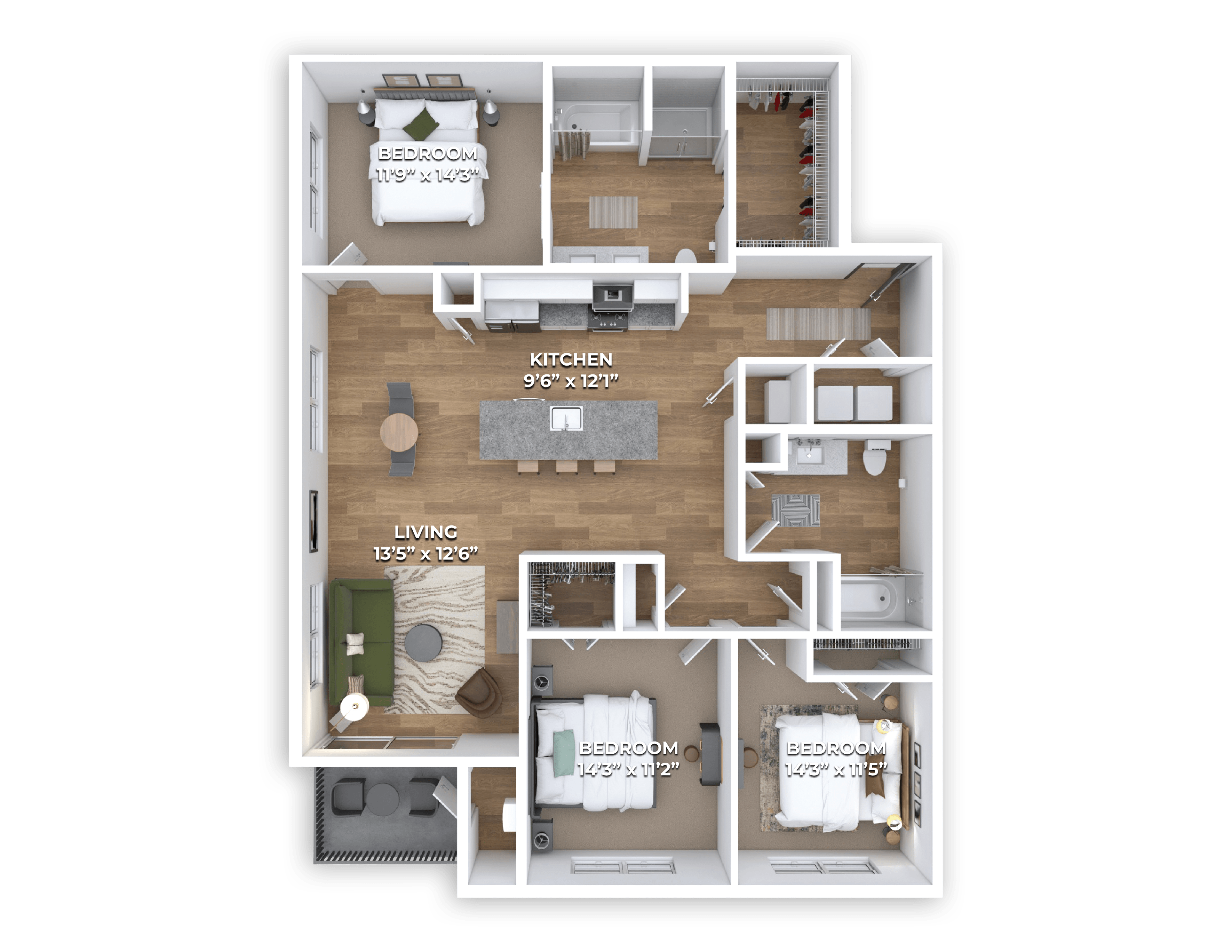 Floor plan for 3 beds, 2 baths, 1543 sqft