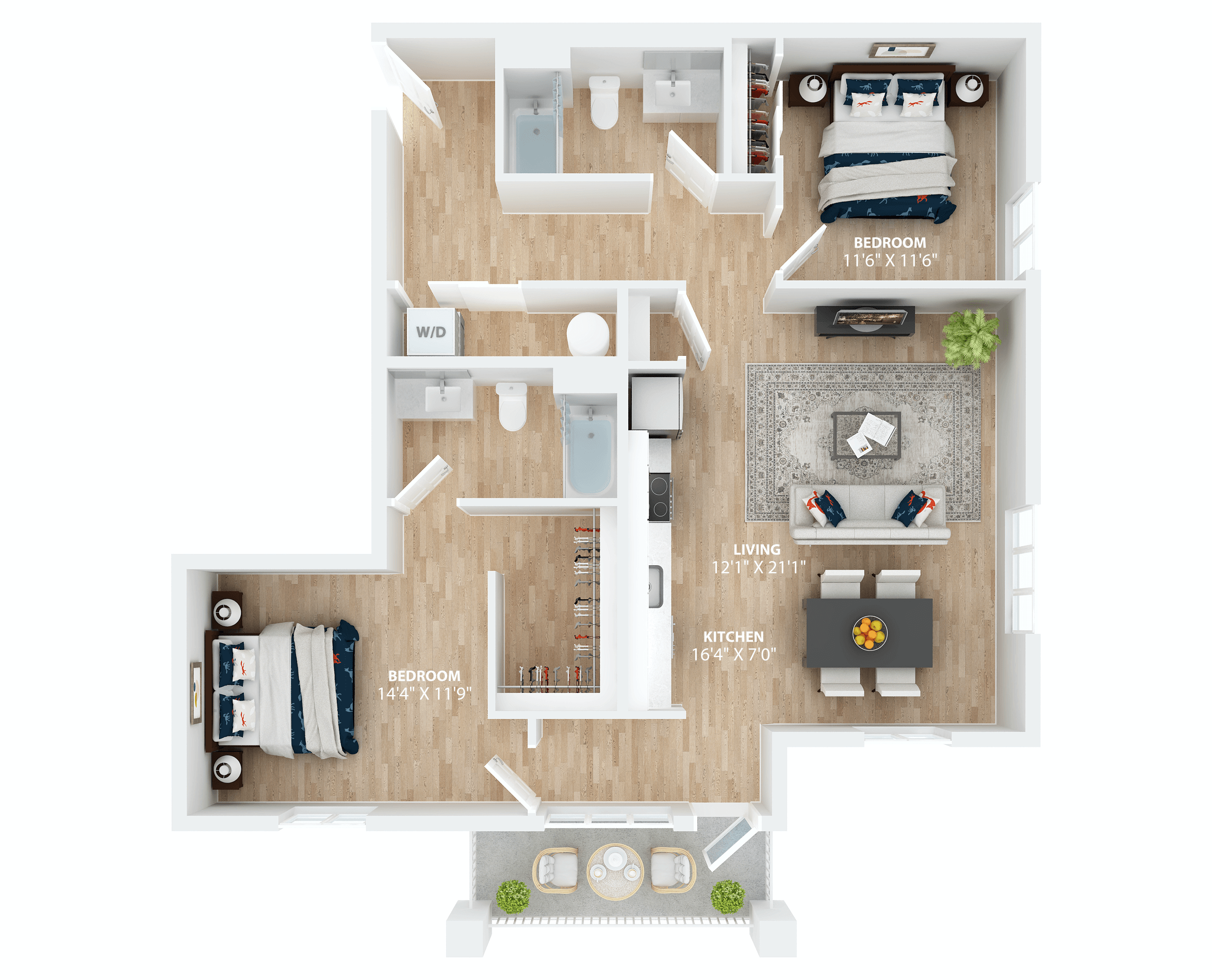 Floor plan for 2 beds, 2 baths, 1162 sqft