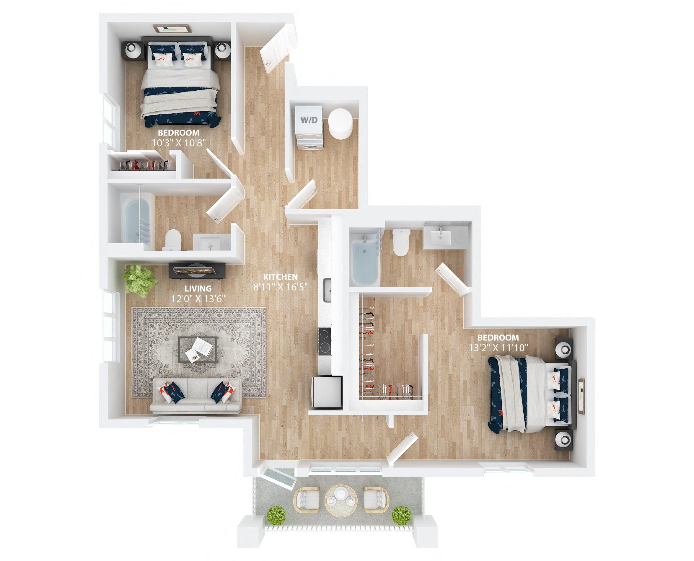 Floor plan for 2 beds, 2 baths, 977 sqft