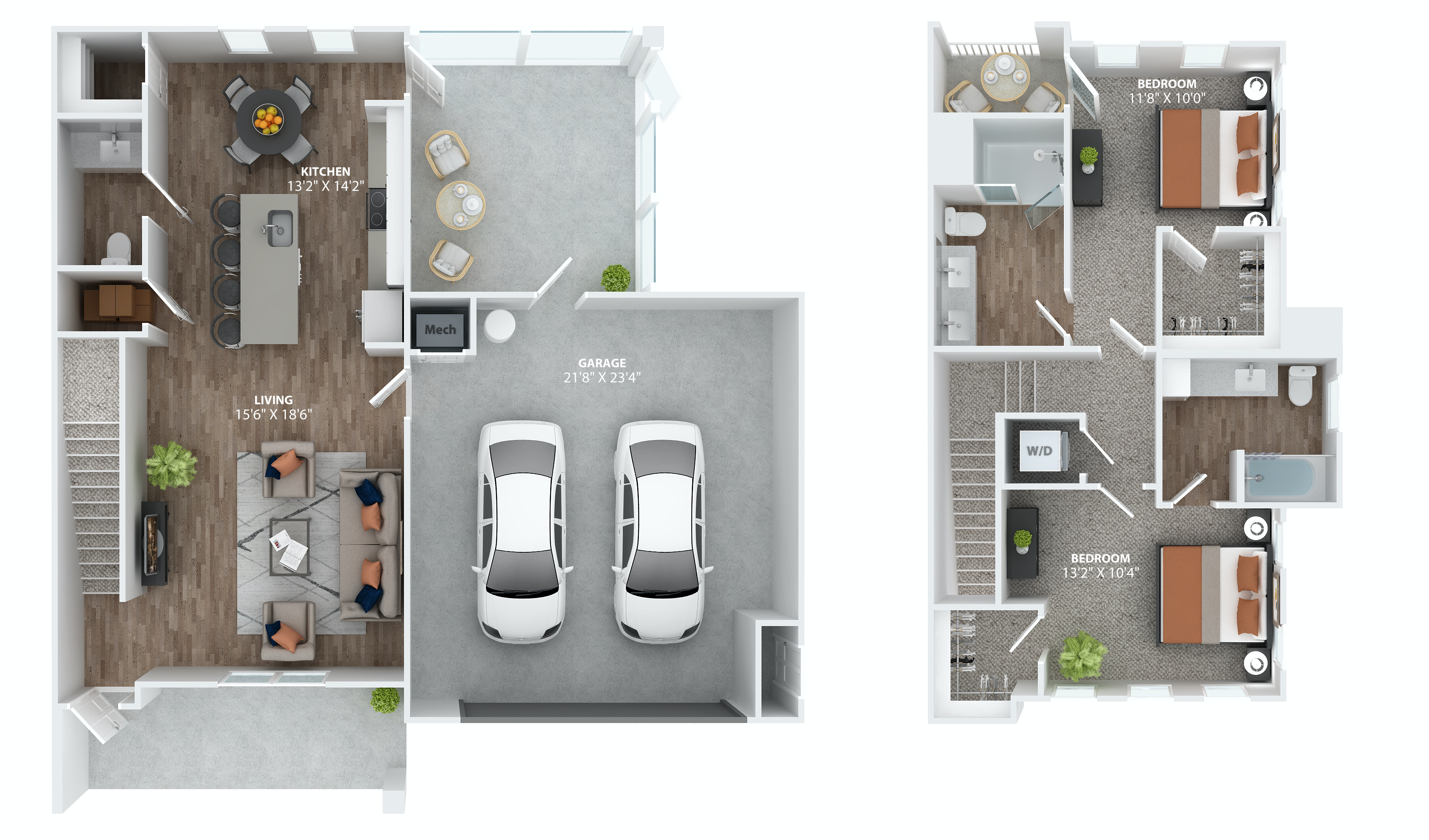 Floor plan for 2 beds, 3 baths, 1553 sqft
