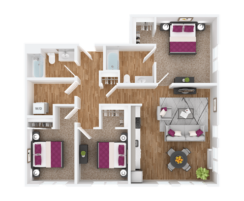 Floor plan for 3 beds, 2 baths, 1250 sqft
