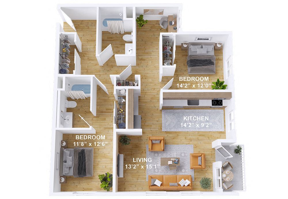 Floor plan for 2 beds, 2 baths, 1172 sqft