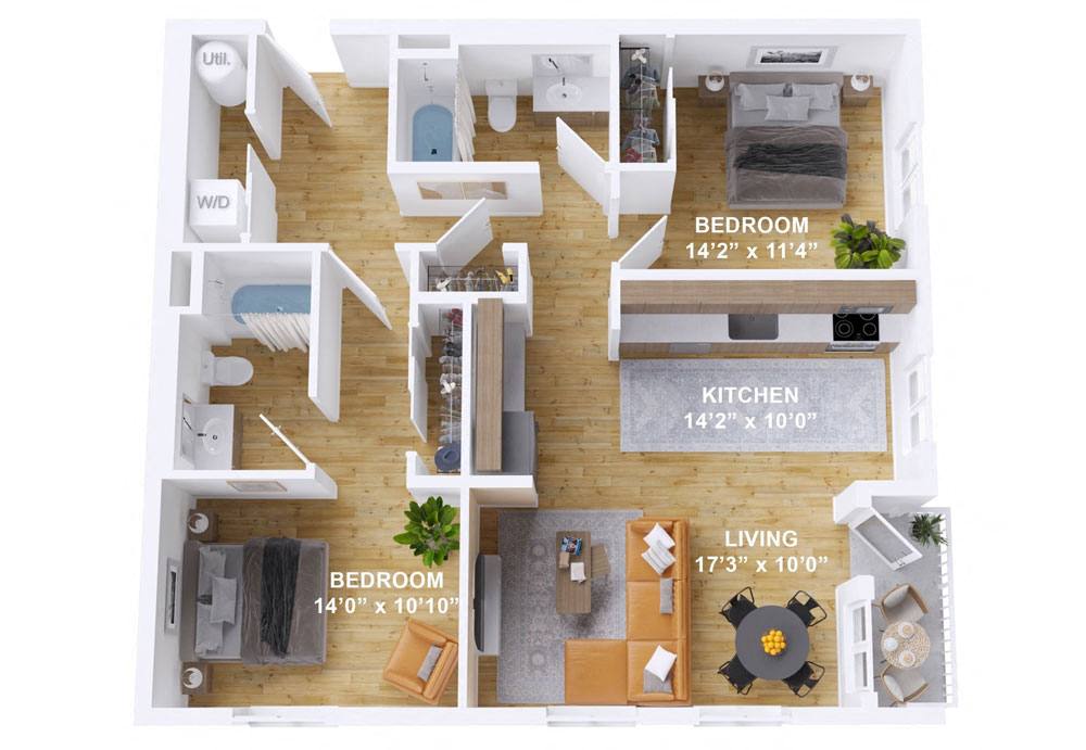 Floor plan for 2 beds, 2 baths, 1028 sqft