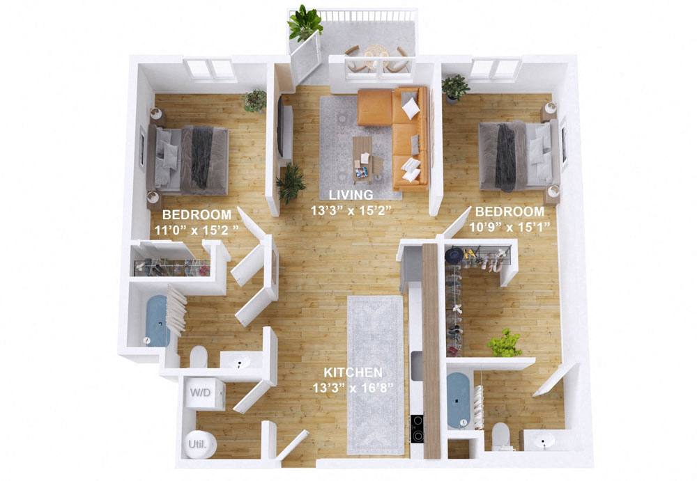Floor plan for 2 beds, 2 baths, 1045 sqft