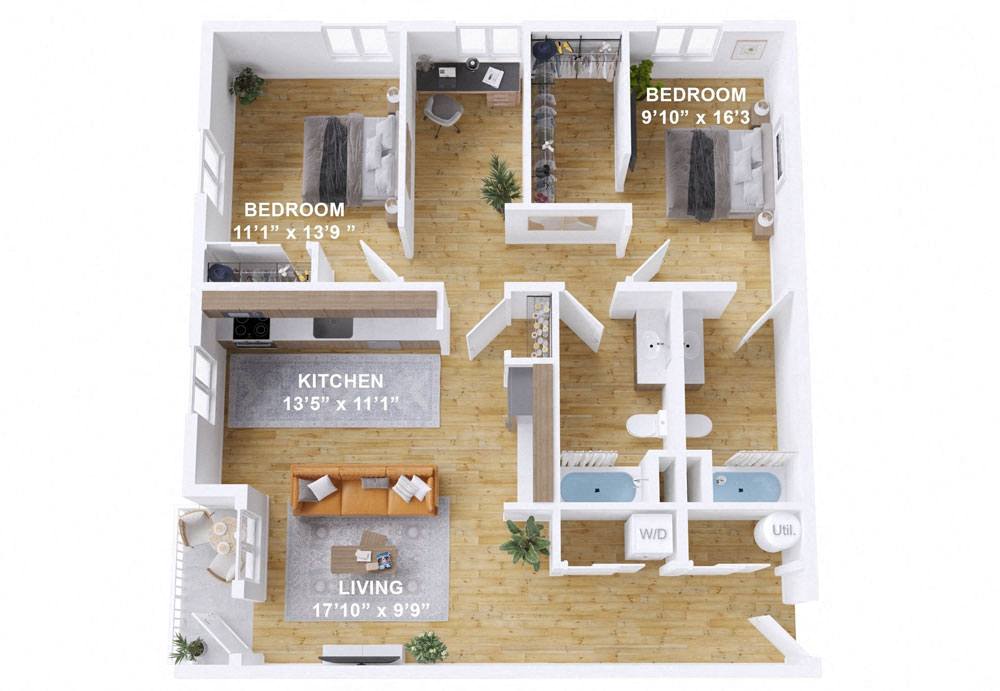 Floor plan for 2 beds, 2 baths, 1229 sqft