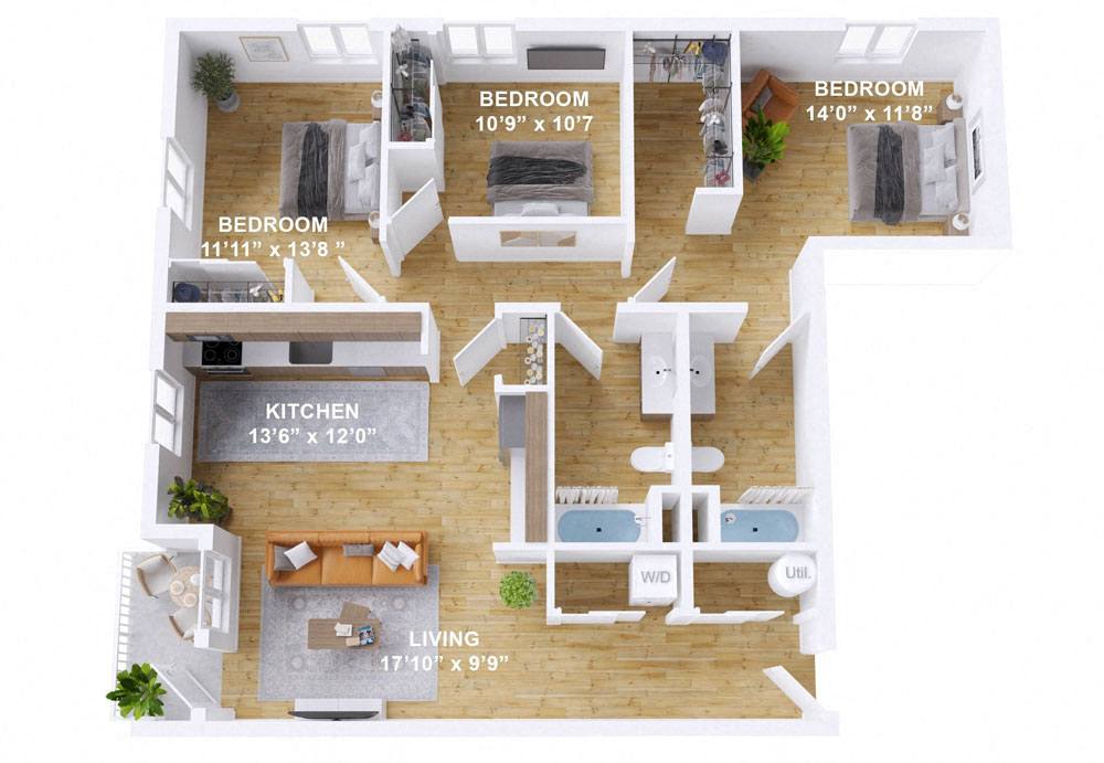 Floor plan for 3 beds, 2 baths, 1346 sqft