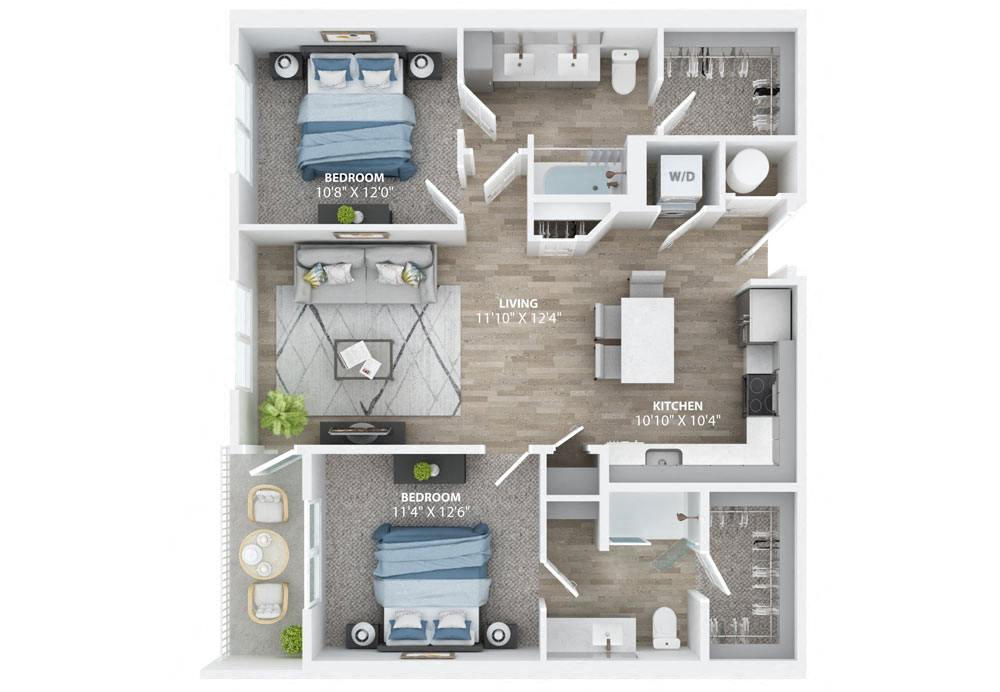 Floor plan for 2 beds, 2 baths, 1093 sqft