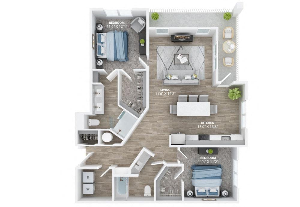 Floor plan for 2 beds, 2 baths, 1269 sqft