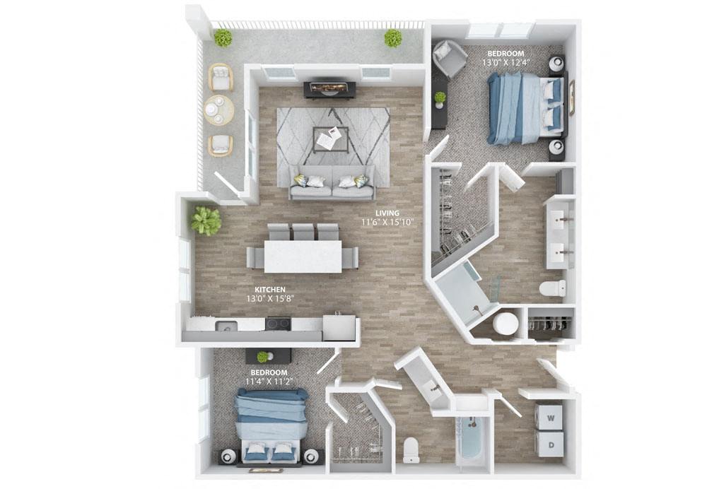 Floor plan for 2 beds, 2 baths, 1328 sqft