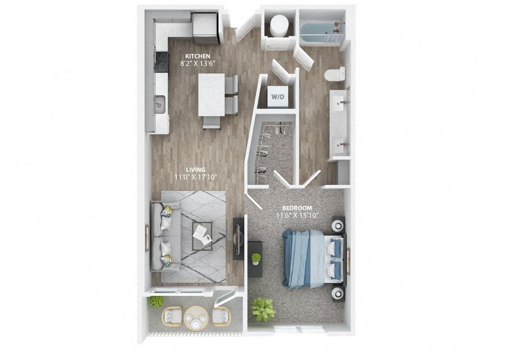 Floor plan for 1 bed, 1 bath, 827 sqft