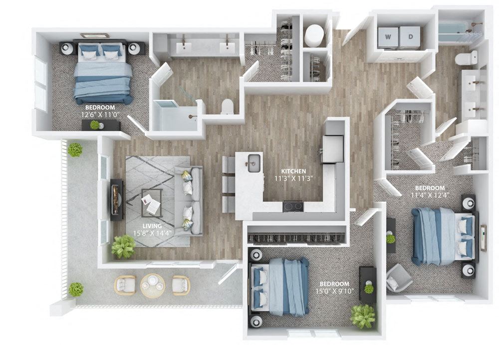 Floor plan for 3 beds, 2 baths, 1501 sqft