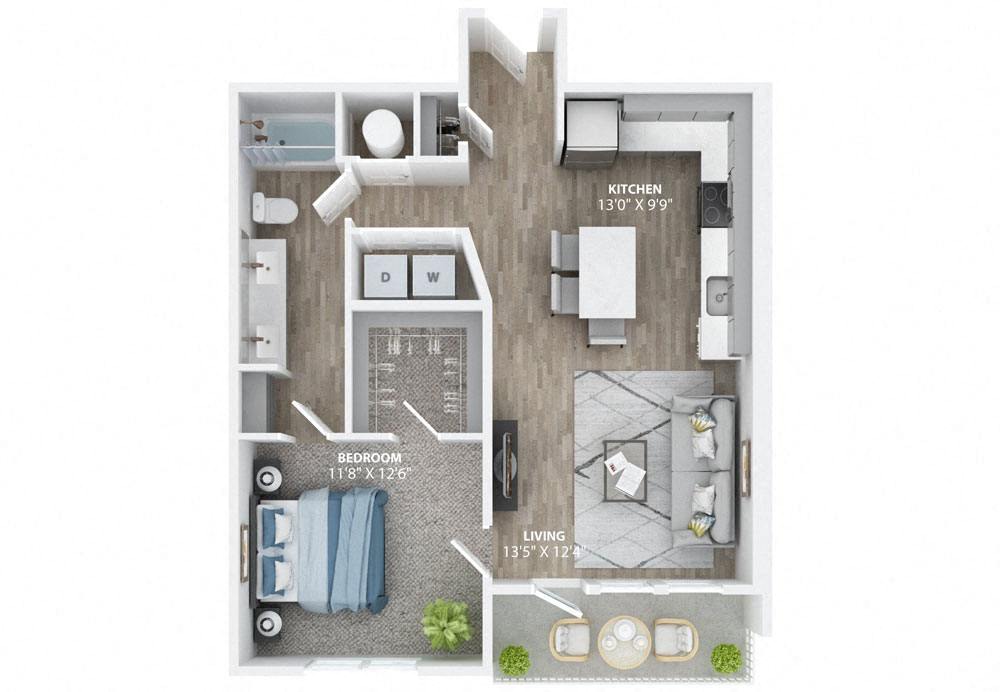 Floor plan for 1 bed, 1 bath, 830 sqft