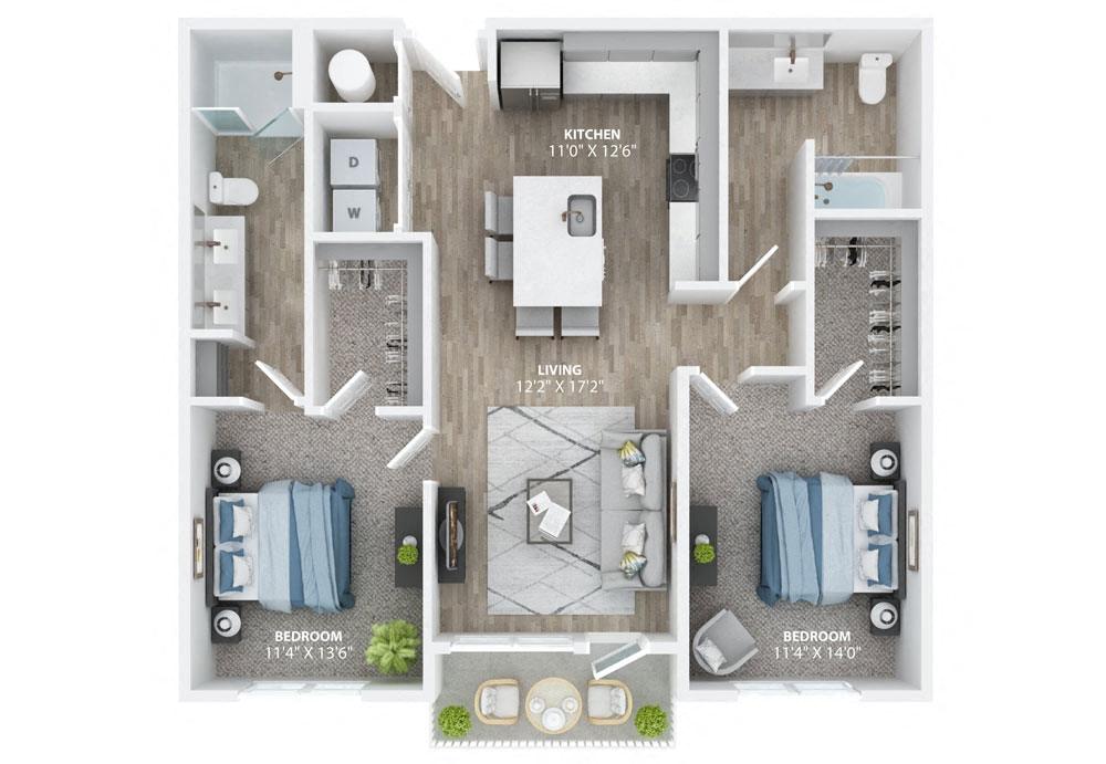 Floor plan for 2 beds, 2 baths, 1198 sqft