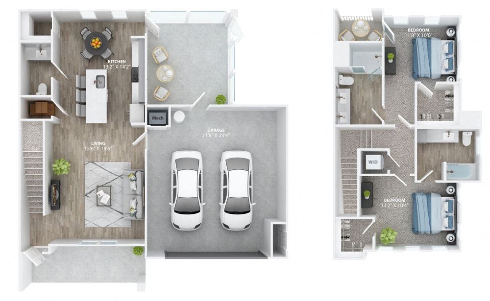 Floor plan for 2 beds, 3 baths, 1553 sqft