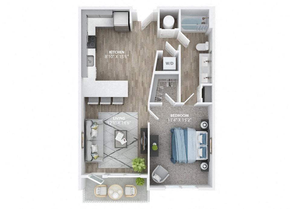 Floor plan for 1 bed, 1 bath, 798 sqft
