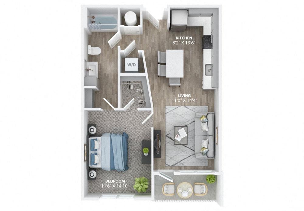 Floor plan for 1 bed, 1 bath, 742 sqft