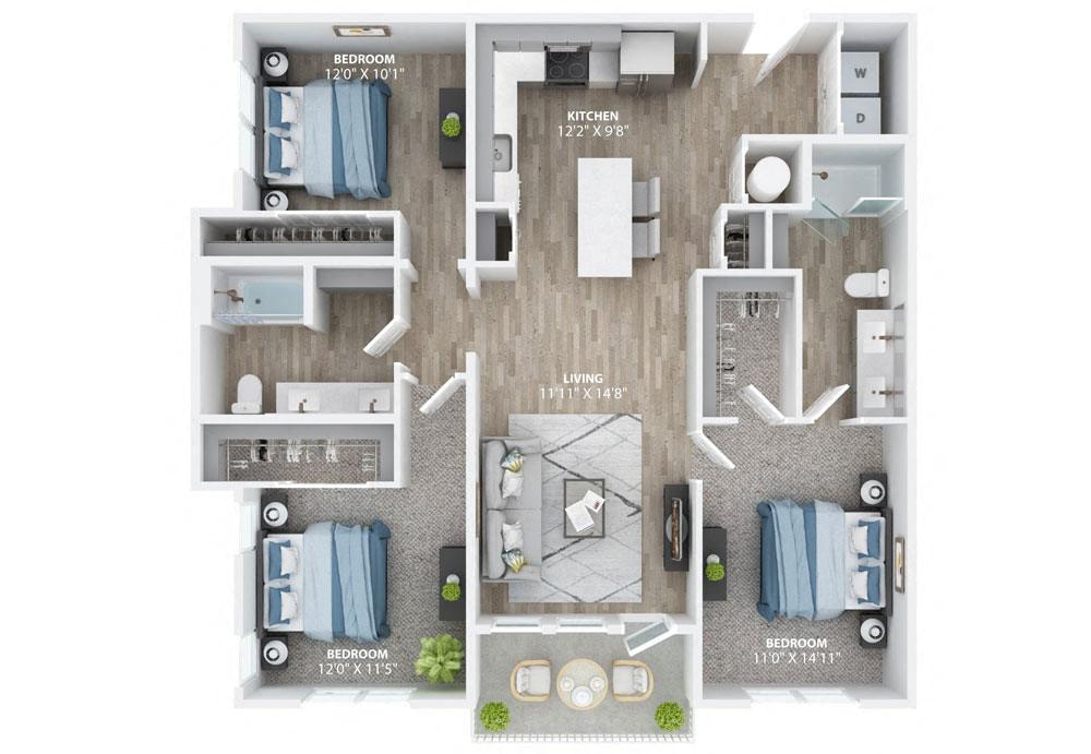 Floor plan for 3 beds, 2 baths, 1343 sqft