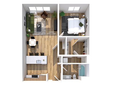Floor plan for 1 bed, 1 bath, 739 sqft