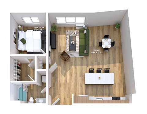 Floor plan for 1 bed, 1 bath, 873 sqft