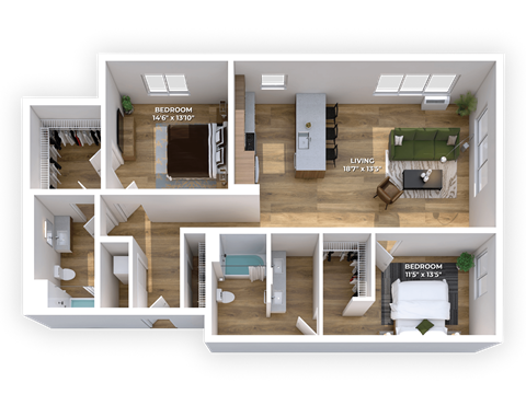Floor plan for 2 beds, 2 baths, 1338 sqft