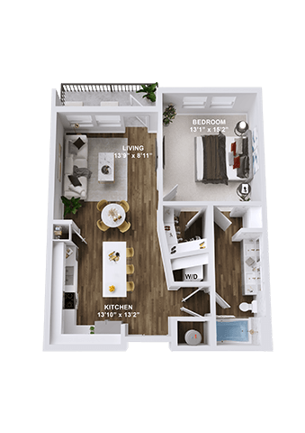 Floor plan for 1 bed, 1 bath, 723 sqft