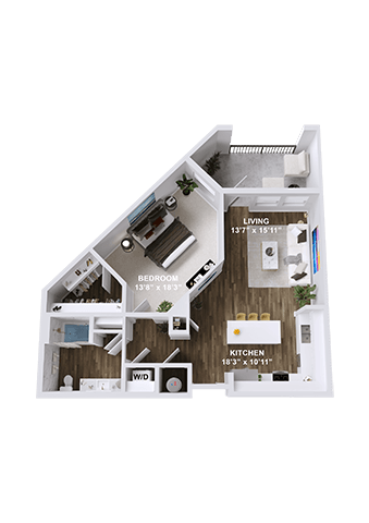 Floor plan for 1 bed, 1 bath, 785 sqft