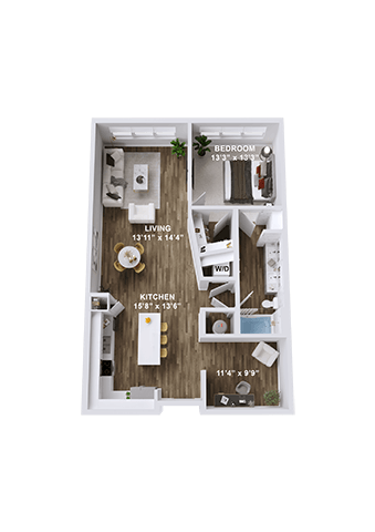 Floor plan for 1 bed, 1 bath, 932 sqft