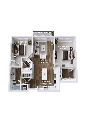 Floor plan for 2 beds, 1 bath, 1041 sqft
