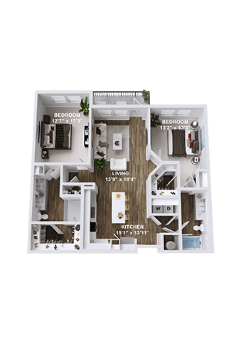 Floor plan for 2 beds, 2 baths, 1135 sqft