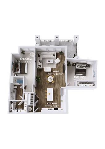 Floor plan for 2 beds, 1 bath, 1177 sqft