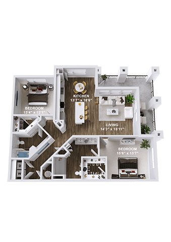 Floor plan for 2 beds, 2 baths, 1205 sqft