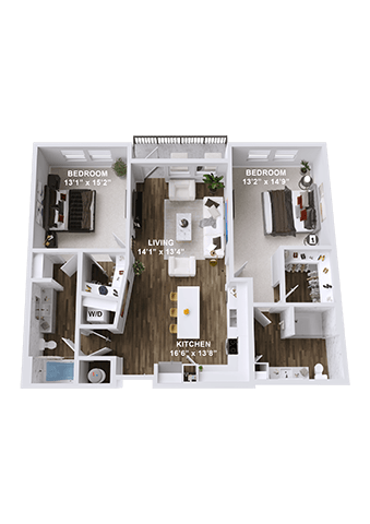 Floor plan for 2 beds, 2 baths, 1103 sqft