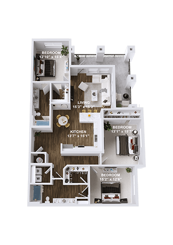 Floor plan for 3 beds, 2 baths, 1428 sqft