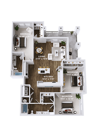 Floor plan for 3 beds, 2 baths, 1625 sqft