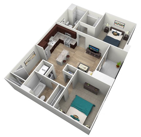 Floor plan for 2 beds, 2 baths, 973 sqft