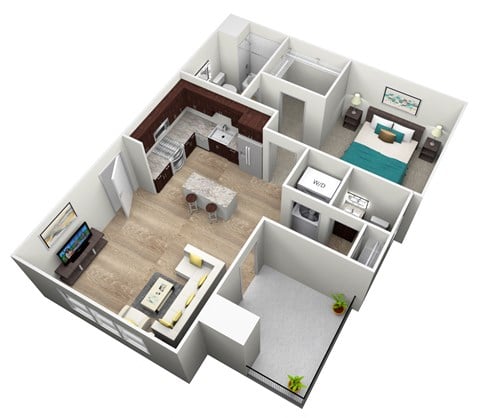 Floor plan for 1 bed, 1.5 baths, 883 sqft