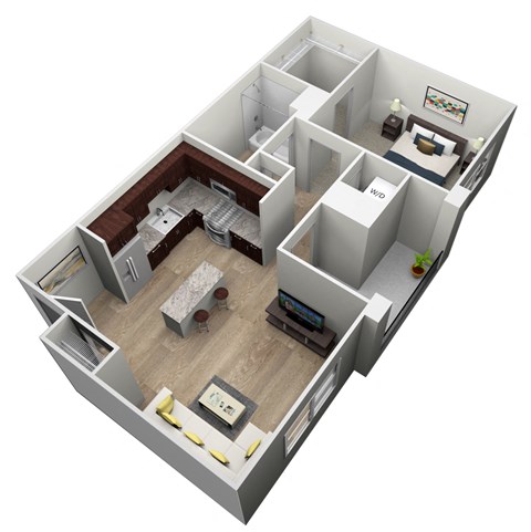 Floor plan for 1 bed, 1 bath, 764 sqft