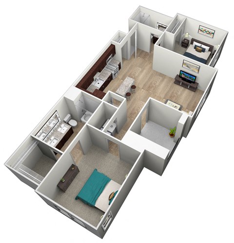 Floor plan for 2 beds, 2 baths, 977 sqft