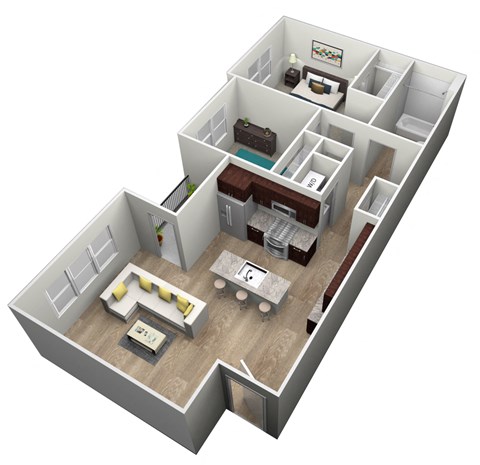 Floor plan for 2 beds, 1 bath, 933 sqft