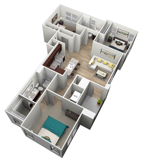 Floor plan for 3 beds, 2 baths, 1233 sqft