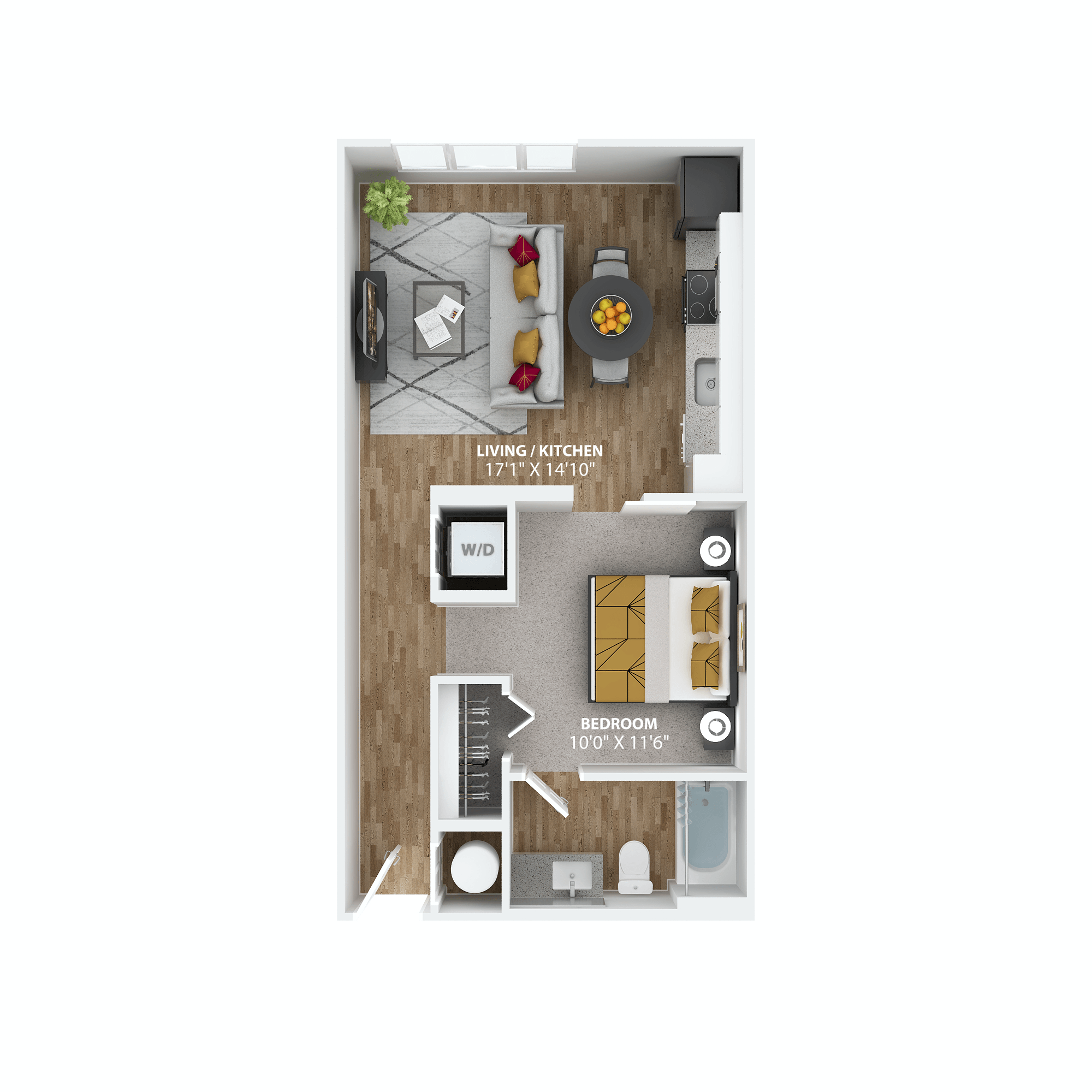 Floor plan for studio, 1 bath, 606 sqft