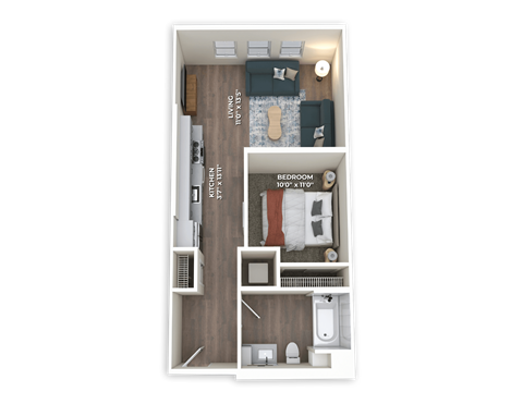 Floor plan for studio, 1 bath, 632 sqft