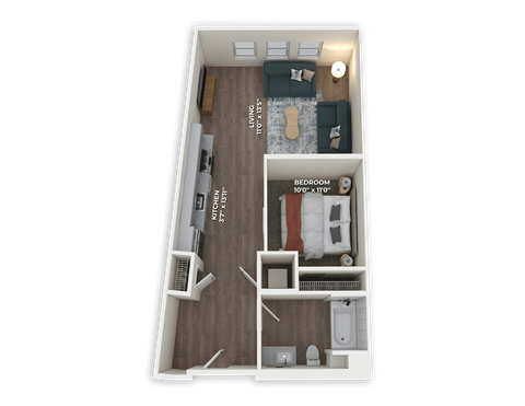 Floor plan for studio, 1 bath, 651 sqft